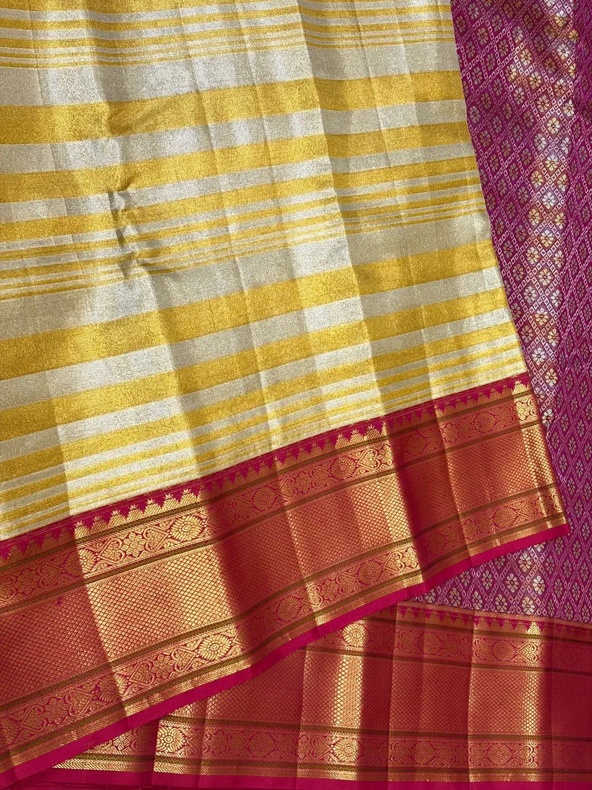 Gold and Silver Stripes with Rani Pink Border Kanchipuram Bridal Silk Saree